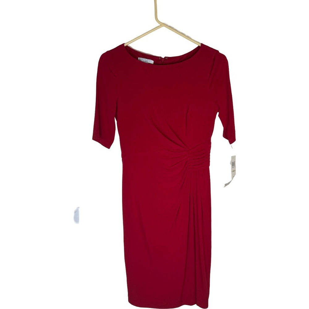 London Style Collection Sheath Dress Women 4P Red Ruched Elbow Sleeve Petite NWT